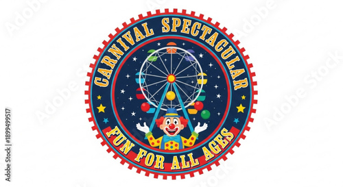 Colorful carnival logo with clown and ferris wheel fun for all ages amusement park attraction
