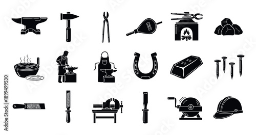Blacksmithing and metalworking tools with iconic elements for craft workshops, traditional forging, industrial manufacturing, and educational material visuals.