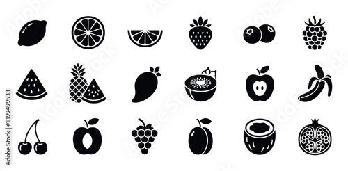 Bold fruit silhouette icons representing fresh produce choices ideal for packaging, dietary planning, mobile application interfaces, grocery store advertisements, and healthfocused content