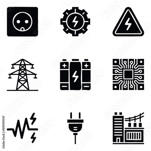 Comprehensive set of black and white electricity icons perfect for illustrating power generation energy consumption and electronic components in technical diagrams or digital interfaces.