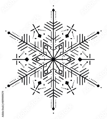 A complex and intricate geometric snowflake symbol perfect for winter season holiday greeting applications festive celebrations and seasonal home decor projects