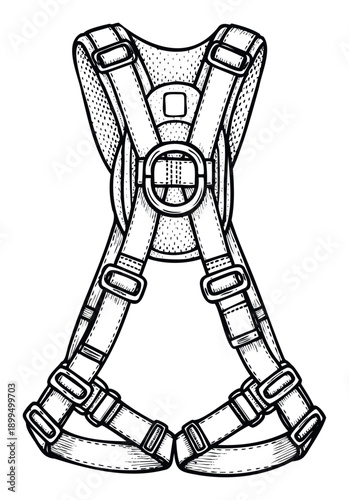 Detailed black and white line drawing of a robust industrial full body safety harness designed for fall protection and secure work environments ideal for construction safety illustrations