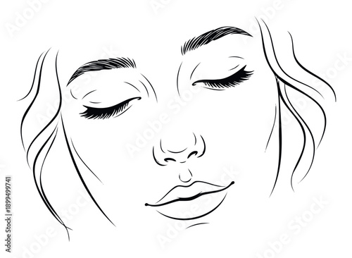A serene minimalist line drawing of a womans face with closed eyes, soft features, and flowing hair, perfect for beauty products, meditation guides, or wellness promotions