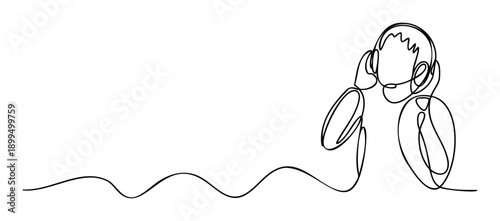 Continuous line drawing depicting a person wearing headphones, symbolizing listening to music or finding calm, ideal for projects related to sound, focus, or personal wellbeing.