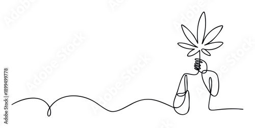 Minimalist continuous line drawing depicting a human figure holding a cannabis leaf, abstractly representing nature, relaxation, or botanical wellness, suitable for various graphic