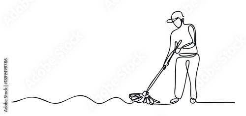 A continuous line drawing of a person in a cap mopping a floor, symbolizing cleanliness and efficient service, perfect for service industry presentations or household maintenance graphics