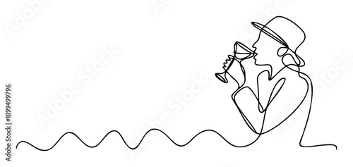 Minimalist continuous line drawing depicting an elegant person wearing a hat, holding and sipping a drink from a glass, ideal for sophisticated beverage marketing and event invitations