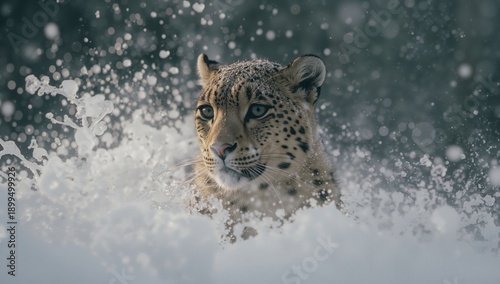 Snow Leopard Rests in Snowy Landscape During Winter in a Mountainous Region