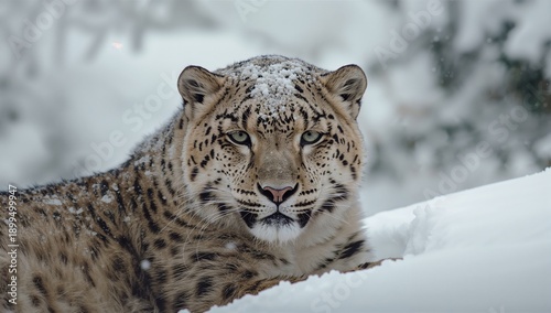 Snow Leopard Rests in Snowy Landscape During Winter in a Mountainous Region