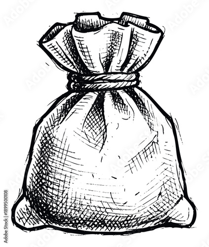 A monochrome hand drawn sack tied with a rope filled with something valuable representing savings or wealth for financial graphics and economic themed visual content
