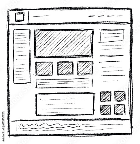 Hand drawn sketch illustrating a conceptual website layout wireframe, perfect for user interface prototyping, web development planning, and visual communication.