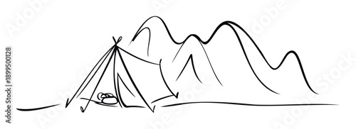 Minimalist outline drawing of a camping tent pitched in a rugged mountain landscape, perfect for adventure travel blogs, outdoor activity promotions, and wilderness exploration content.