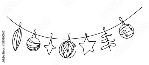 Minimalist black line art garland with hanging Christmas ornaments like stars, balls, and branches for holiday greeting decoration, seasonal event invitation, or festive packaging.