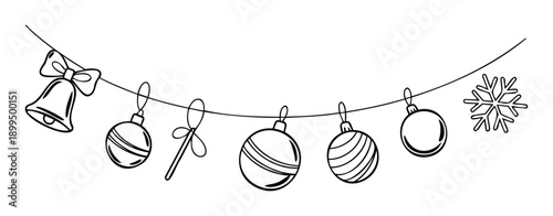 Black outline Christmas garland with hanging ornaments, a candy cane, festive bell, and snowflake, perfect for holiday season greetings, party invitations, or seasonal event decorations.