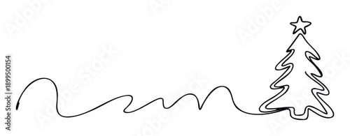 A simple continuous black line drawing gracefully forms the outline of a festive Christmas tree topped with a star, perfect for holiday season greetings and minimalist celebrations.