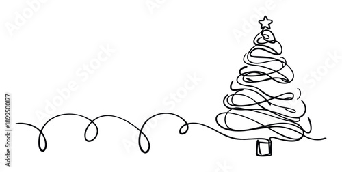 Simple continuous line drawing of a festive Christmas tree with a star on top and a swirling line suitable for holiday greetings and seasonal event invitations