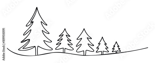 Simple black line drawing of a continuous forest landscape with various sized pine trees descending a hill, perfect for holiday greetings and nature themed seasonal decorations