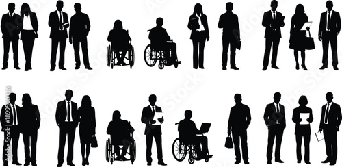 Business people silhouettes collection, professional men and women teamwork diversity with wheelchair employees isolated on white background