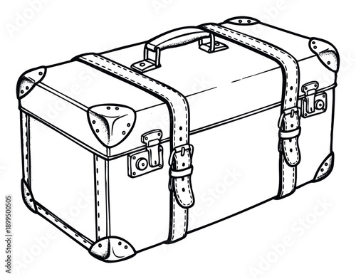 Authentic vintage travel suitcase with sturdy buckled straps and reinforced metal corners, perfect for evoking historical journeys, adventurous expeditions, or classic packing themes