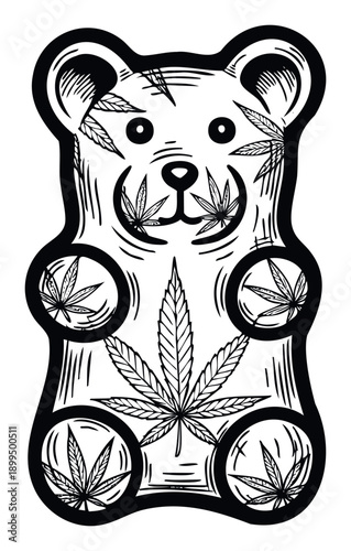 A stylized black and white gummy bear infused with cannabis leaves, ideal for merchandise, apparel branding, product packaging, or promotional materials.