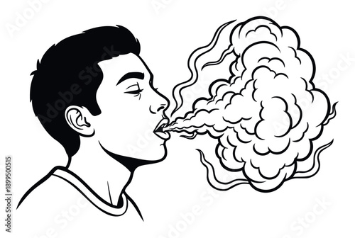 Stylized graphic of a young man exhaling a voluminous cloud of smoke or vapor, excellent for impactful visual communication in youth culture campaigns, energetic advertisements, or dynamic