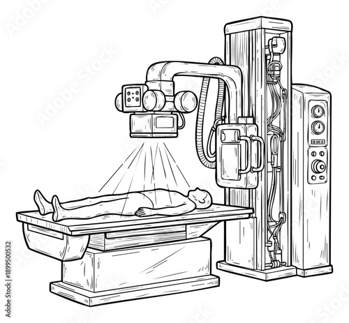 Hand drawn style Xray scanning equipment with a supine patient on a medical examination bed for radiography and diagnostic purposes in various healthcare facilities and educational resources