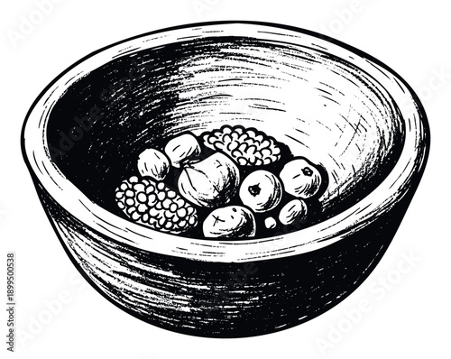 Hand drawn bowl filled with a healthy mix of fresh berries and nuts, perfect for breakfast recipes, natural snack promotions, or wellness blog graphics