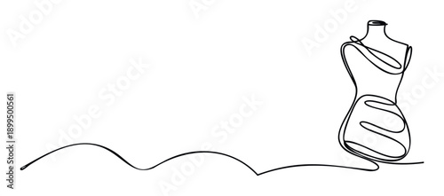 Continuous contour line drawing capturing the graceful silhouette of a female dress form, ideal for minimalist branding, apparel boutique marketing, or tailoring workshop advertising