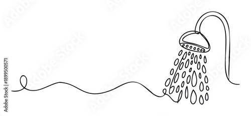 Minimalist continuous line drawing depicting a shower head with falling water drops, ideal for bathroom decor, plumbing services marketing, or simple hygiene educational materials.