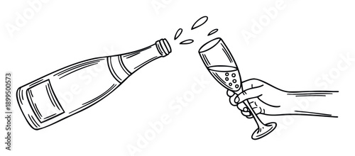 A festive hand holding a champagne glass while sparkling wine pours from a bottle, perfect for celebrating new year parties, anniversaries, and special event invitations.