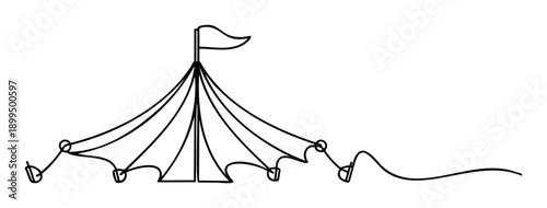 Minimalist one line drawing of a classic circus tent with a flag atop its pole and ropes anchored to the ground, perfect for event promotions, festival branding, or childrens party