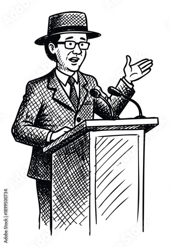 A confident man in a hat and suit addresses a crowd from a podium with a microphone, making a persuasive gesture, perfect for topics of public speaking, leadership, and communication.