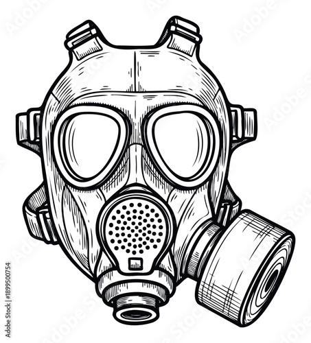 Detailed line drawing of a gas mask featuring eye lenses and filter canister offering protection from harmful substances perfect for safety graphics industrial themes and survival related