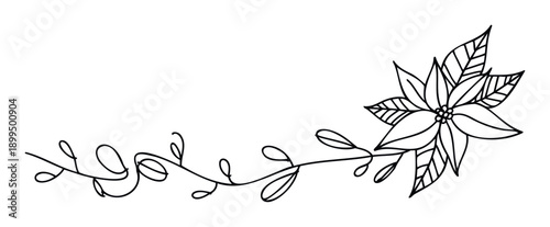 Elegant black outline drawing of a holiday poinsettia flower with delicate winter leaves and a decorative vine perfect for festive greeting cards, seasonal event invitations, and Christmas