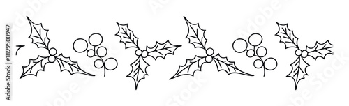 Simple black line drawing of festive holly and berry ornaments ideal for winter season promotions, holiday greeting announcements, or Christmas party event invitations and printable