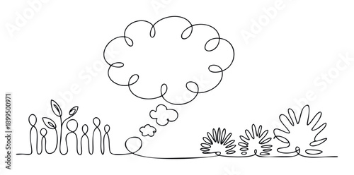 Single continuous line drawing depicting stylized people and natural forms leading to a large swirling thought bubble, ideal for projects involving community, communication, growth, and