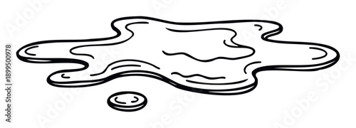 Black outline hand drawn liquid puddle or spill next to a small round object with a smiling face, useful for childrens books, educational materials, and playful graphic assets.