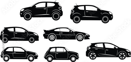 Car silhouettes collection set showing modern hatchback sedan sports and compact vehicles side view isolated on white background illustration