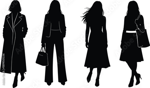 Women fashion silhouette collection illustration, elegant female outfits and poses, modern stylish clothing figures isolated on white background design