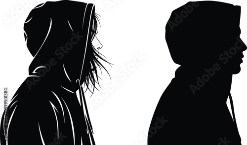 Hooded people profile silhouette illustration, young man and woman wearing hoodies, modern urban portrait concept isolated white background design