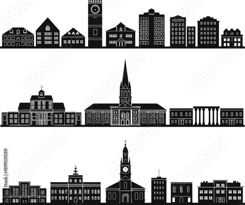 City skyline silhouette with classic buildings churches clock towers and urban architecture panorama isolated on white background