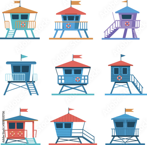 Colorful lifeguard tower illustration set, beach safety huts, coastal rescue stations, summer seaside icons, flat design vector collection