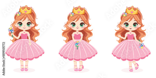 Cute little princess with beautiful eyes stands in different poses with flowers. Isolate on white background. Poster, Banner, Flyer, Greeting Card. Vector illustration in flat 