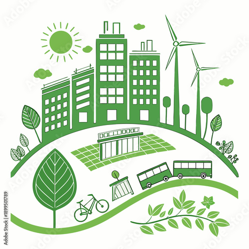 Sustainable city with green energy and eco-friendly transportation solutions