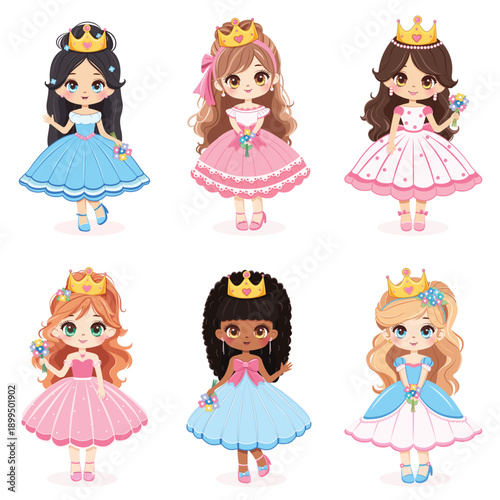 Cute different nationalities little princess with beautiful eyes stands in different poses with flowers. Isolate on white background. Poster, Banner, Flyer, Greeting Card. Vector illustration in flat 