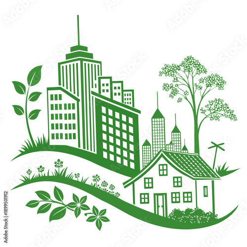 Urban landscape with modern buildings and traditional architecture in harmony with nature.