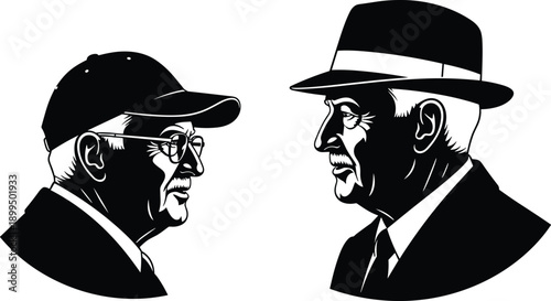 Vintage men profile silhouette illustration, elderly gentlemen wearing hats facing each other, classic retro portrait style isolated white background design