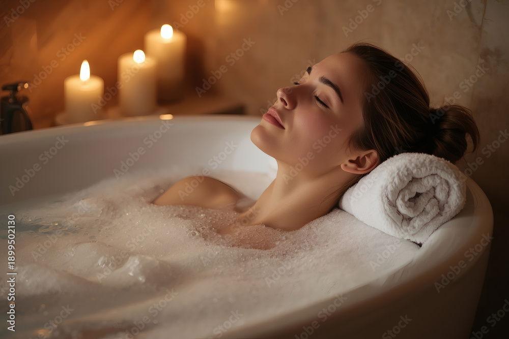 Naklejka premium Close-up of a beautiful woman without makeup. She is taking a bubble bath. In the background is a bathroom interior and candles. The concept of spa and relaxation.