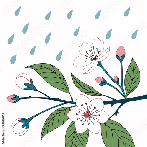 Delicate blossoms thriving amidst a gentle rain shower on a branch.