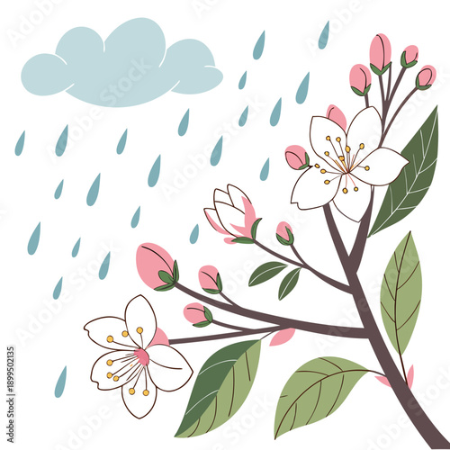 Blooming cherry blossoms under gentle spring rainfall with a soft sky backdrop